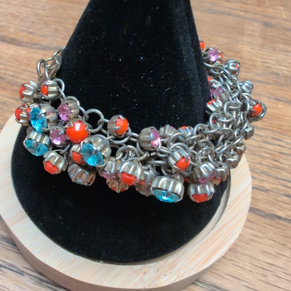 Silver Tone Multi Strand Cluster Bracelet Orange Pink Blue Rhinestone Cabochon - Picture 3 of 3